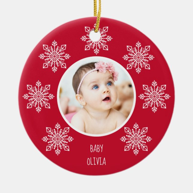 Baby's First Christmas Snowflake Frame 2 Photo Ceramic Ornament (Front)