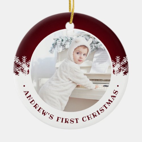 Babys First Christmas  Snowflake on Red Ceramic Ornament