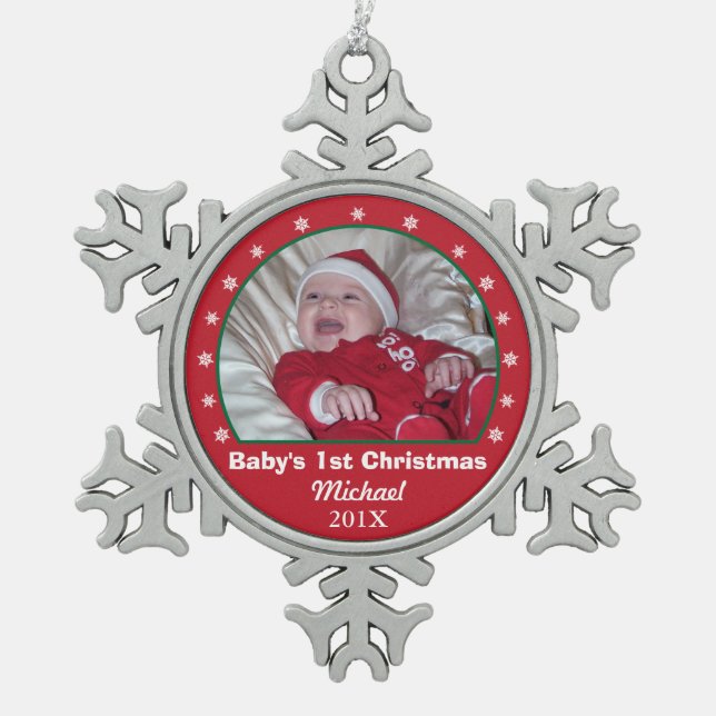 Baby's First Christmas Snowflake Photo Ornament (Front)