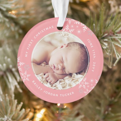 Babys First Christmas Snowflakes Birth Stats Pink Ornament