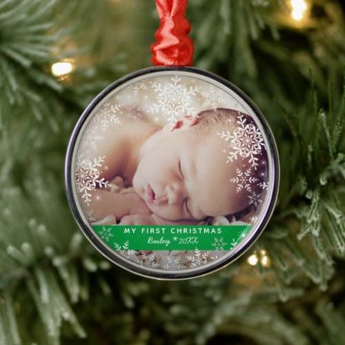 Babys First Christmas Snowflakes Green Silver Metal Ornament