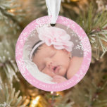 Baby's First Christmas Snowflakes on Pink Ornament<br><div class="desc">This sweet design features white snowflakes on a pink background with space for one photo to commemorate Baby's 1st Christmas! The collection of coordinating products is available in our shop, zazzle.com/store/doodlelulu. Contact us if you need this design applied to a specific product to create your own unique matching item! Thank...</div>