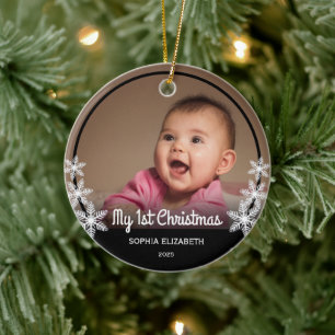 Baby's First Christmas Snowflakes Photo Ceramic Ornament