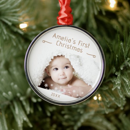 Babys First Christmas Snowflakes Photo Keepsake Metal Ornament