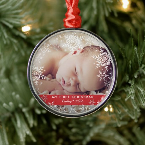 Babys First Christmas Snowflakes Red Silver Metal Ornament