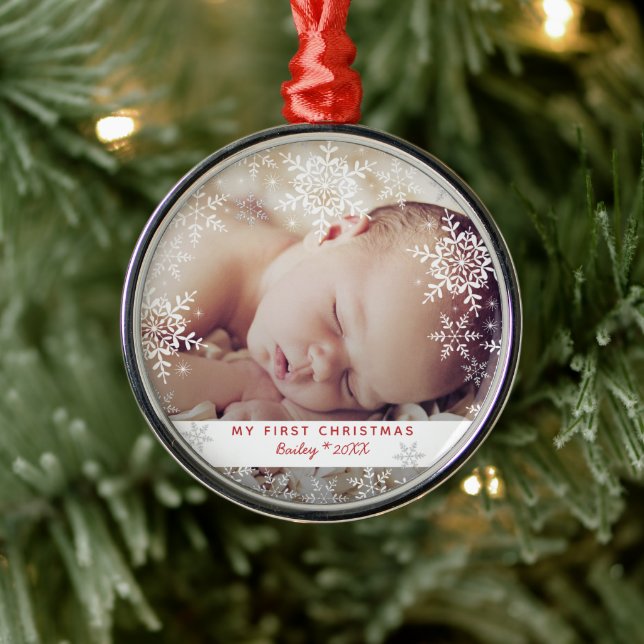 Baby's First Christmas Snowflakes Red Silver Metal Ornament (Tree)