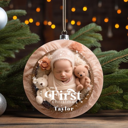 Babys First Christmas Snowflakes Retro Baby Stats Ceramic Ornament