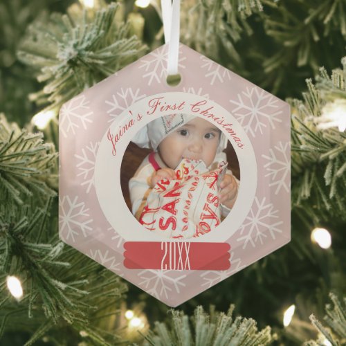 Babys First Christmas Snowglobe Snowflakes Pink Glass Ornament