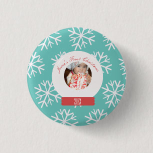 Baby's First Christmas Snowglobe Snowflakes Teal Button