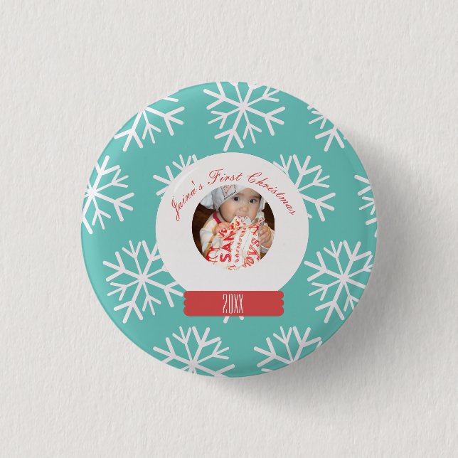 Baby's First Christmas Snowglobe Snowflakes Teal   Button (Front)