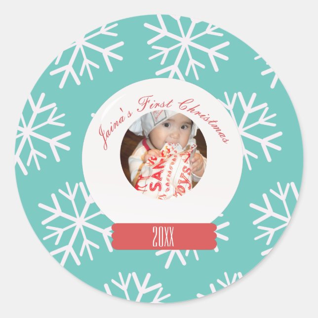 Baby's First Christmas Snowglobe Snowflakes Teal   Classic Round Sticker (Front)