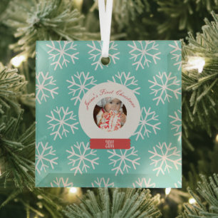 Baby's First Christmas Snowglobe Snowflakes Teal Glass Ornament