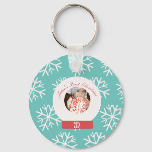 Baby's First Christmas Snowglobe Snowflakes Teal   Keychain