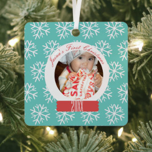 Baby's First Christmas Snowglobe Snowflakes Teal Metal Ornament
