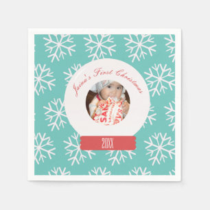 Baby's First Christmas Snowglobe Snowflakes Teal Napkins