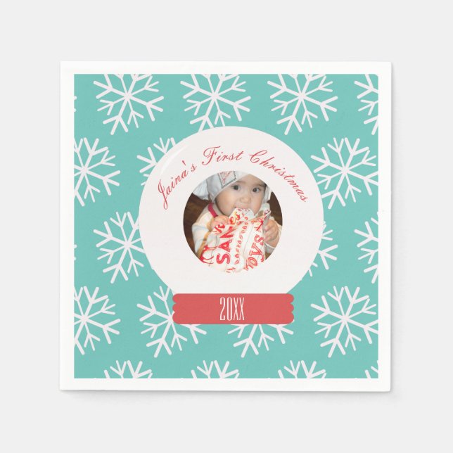 Baby's First Christmas Snowglobe Snowflakes Teal   Napkins (Front)