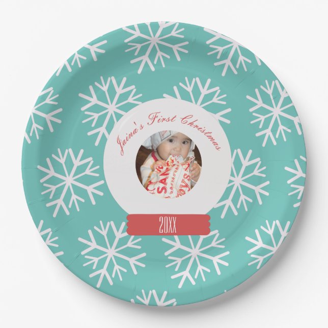 Baby's First Christmas Snowglobe Snowflakes Teal  Paper Plates (Front)