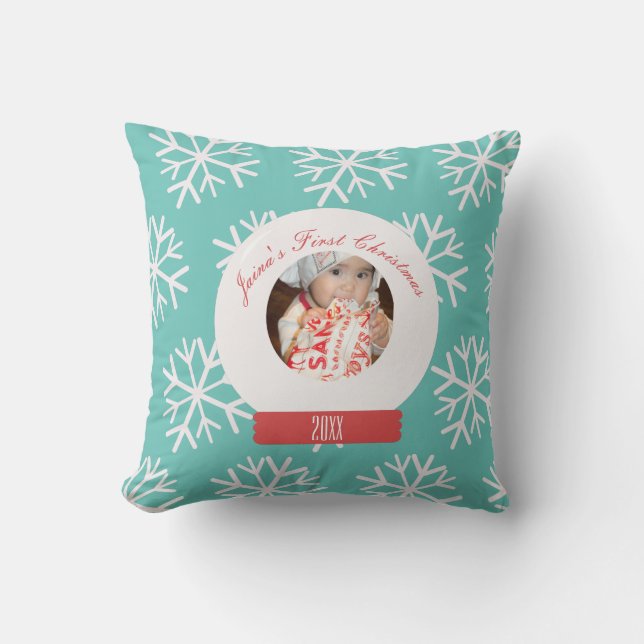 Baby's First Christmas Snowglobe Snowflakes Teal Throw Pillow (Front)