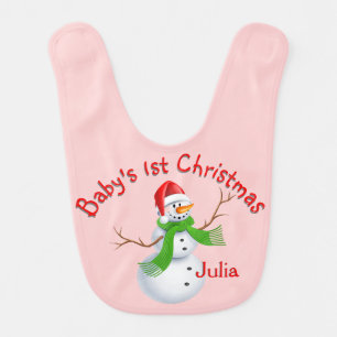 Baby's First Christmas Snowman Baby Girl Bib