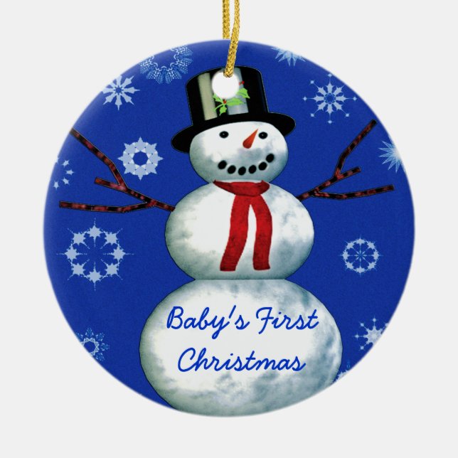 Baby's First Christmas Snowman Date customizable Ceramic Ornament (Front)