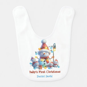 Baby's First Christmas Snowman Family Tangled Ligh Baby Bib