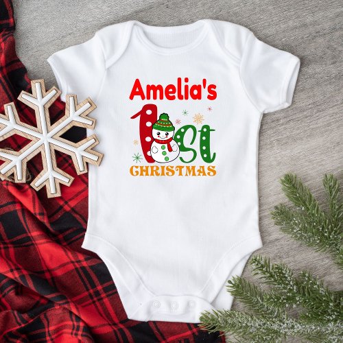 Babys First Christmas Snowman Personalized White Baby Bodysuit