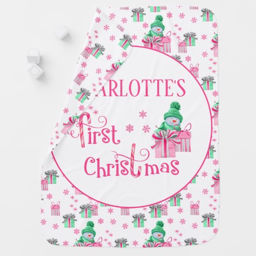 Babys First Christmas Snowman w Gifts Pink White Baby Blanket