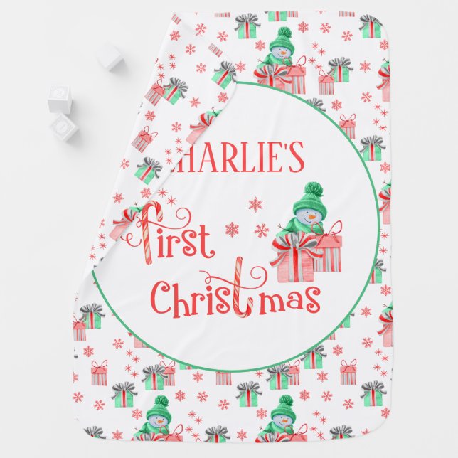 Baby's First Christmas Snowman w. Gifts Red Green Baby Blanket (In Situ)