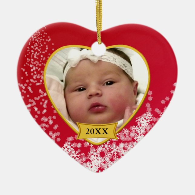 Baby's First Christmas Snowy Red Photo Ceramic Ornament (Front)