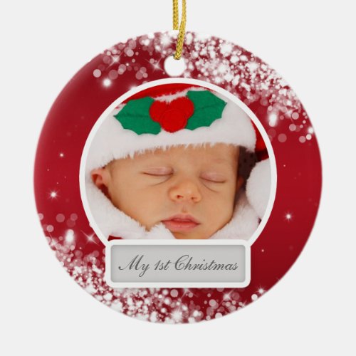 Babys First Christmas Sparkling Wave Red Ceramic Ornament