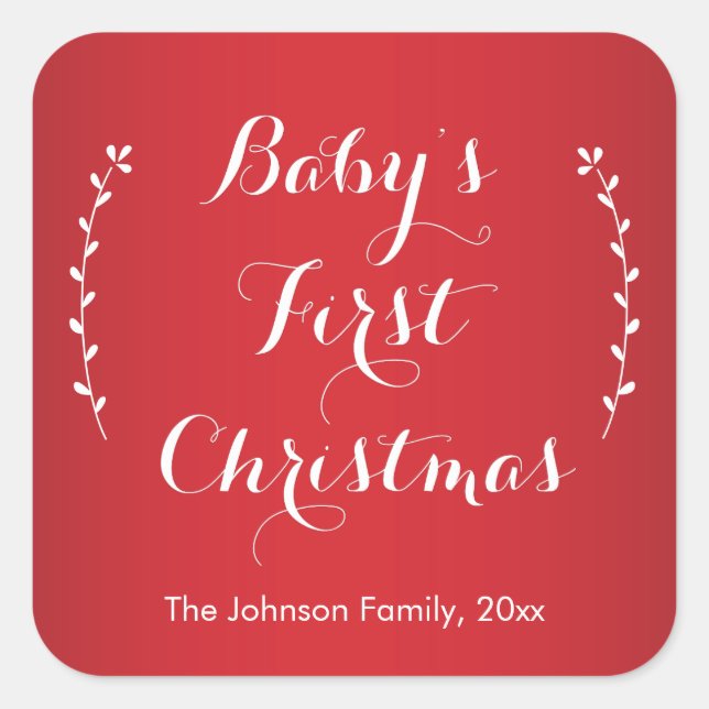 Baby's First Christmas Square Red Stickers (Front)