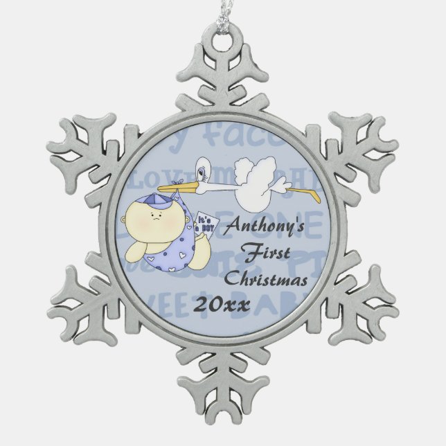 Baby's First Christmas/Stork-Customize Name/Year Snowflake Pewter Christmas Ornament (Front)