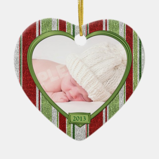 Baby's First Christmas Stripes Photo Heart Xmas Ceramic Ornament (Front)