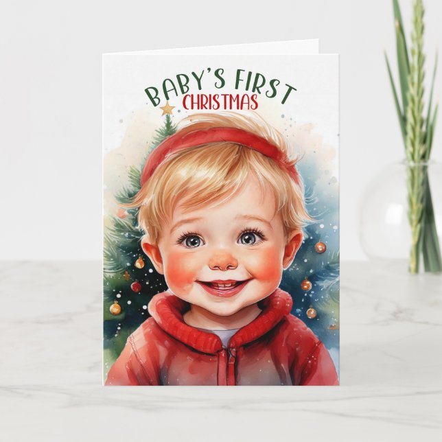 Baby's First Christmas Sweet Blond Boy Holiday Card (Front)