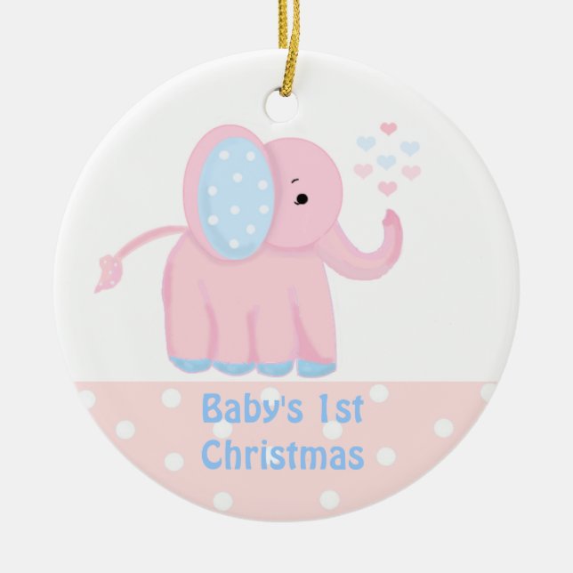 Baby's First Christmas Sweet Pink Elephant Ceramic Ornament (Front)