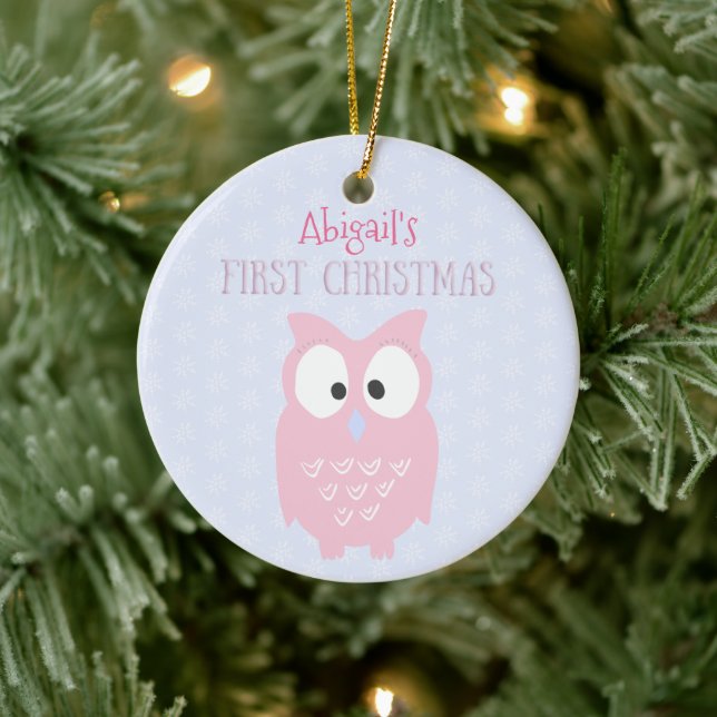 Baby's First Christmas  -  Sweet Pink Owl Ceramic Ornament (Tree)