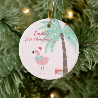 Baby's First Christmas  -  Sweet Santa Flamingo Ceramic Ornament