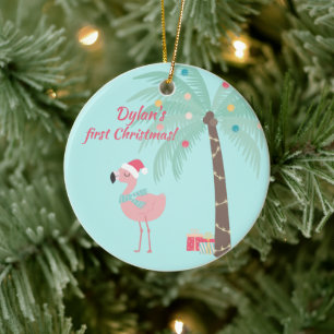 Baby's First Christmas - Sweet Santa Flamingo Ceramic Ornament