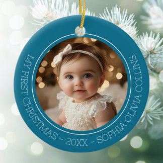 Baby's First Christmas Teal Modern 2 Photo Newborn Ceramic Ornament