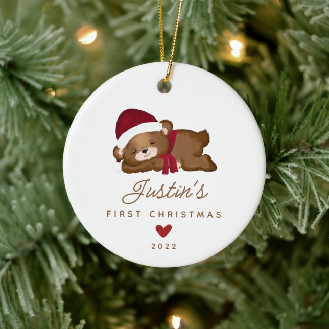 Baby's First Christmas Teddy Bear2 Sided Photo Ceramic Ornament (Tree)