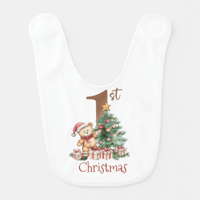 Baby's First Christmas Teddy Bear Christmas Tree Baby Bib (Front)