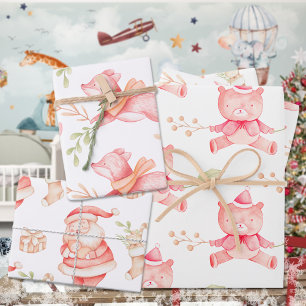 Baby's First Christmas Teddy Bear Red Fox & Santa Wrapping Paper Sheets