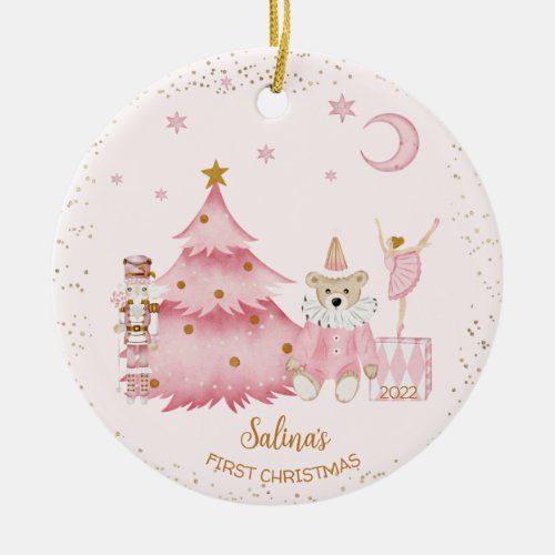 Babys First Christmas The Nutcracker Scene Pink Ceramic Ornament