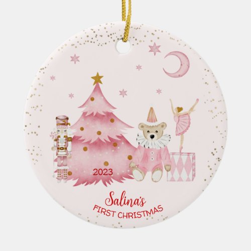 Babys First Christmas The Nutcracker Scene Pink  Ceramic Ornament