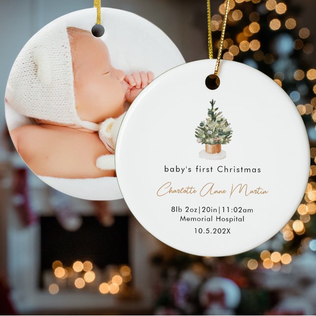 Baby's First Christmas Tree Birth Stats Photo Ceramic Ornament (Creator Uploaded)