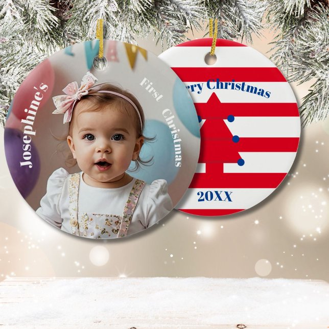 Babys First Christmas Tree Photo Red Blue White  Ceramic Ornament (Creator Uploaded)