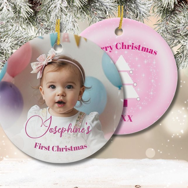 Babys FIrst Christmas Tree  Pink Stars Photo Ceramic Ornament (Creator Uploaded)
