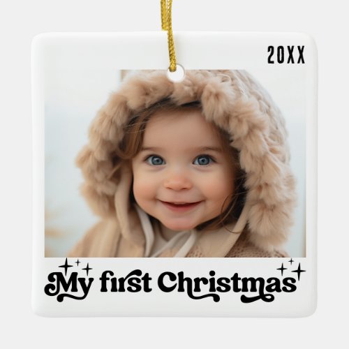 Babys First Christmas Vintage Retro White Photo  Ceramic Ornament