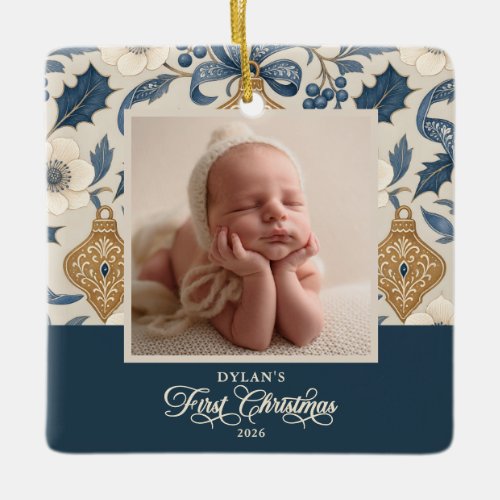 Baby's First Christmas Vintage Ribbons 2-Photo Ceramic Ornament