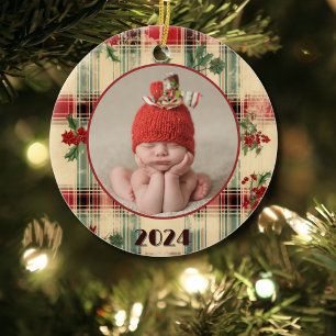 Baby's First Christmas Vintage Worn Plaid Photo Ceramic Ornament